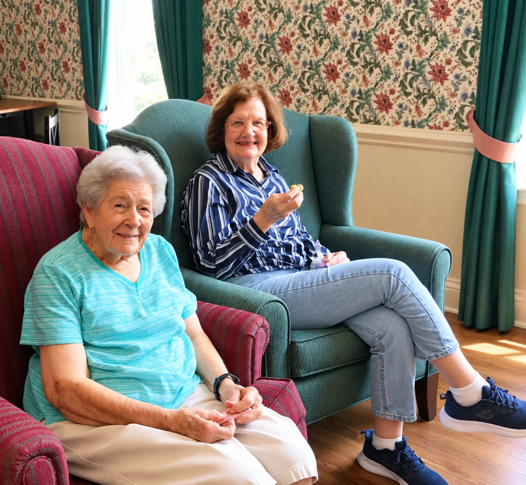Two residents smiling together in a lounge at The Landmark Center in Stuart, Virginia
