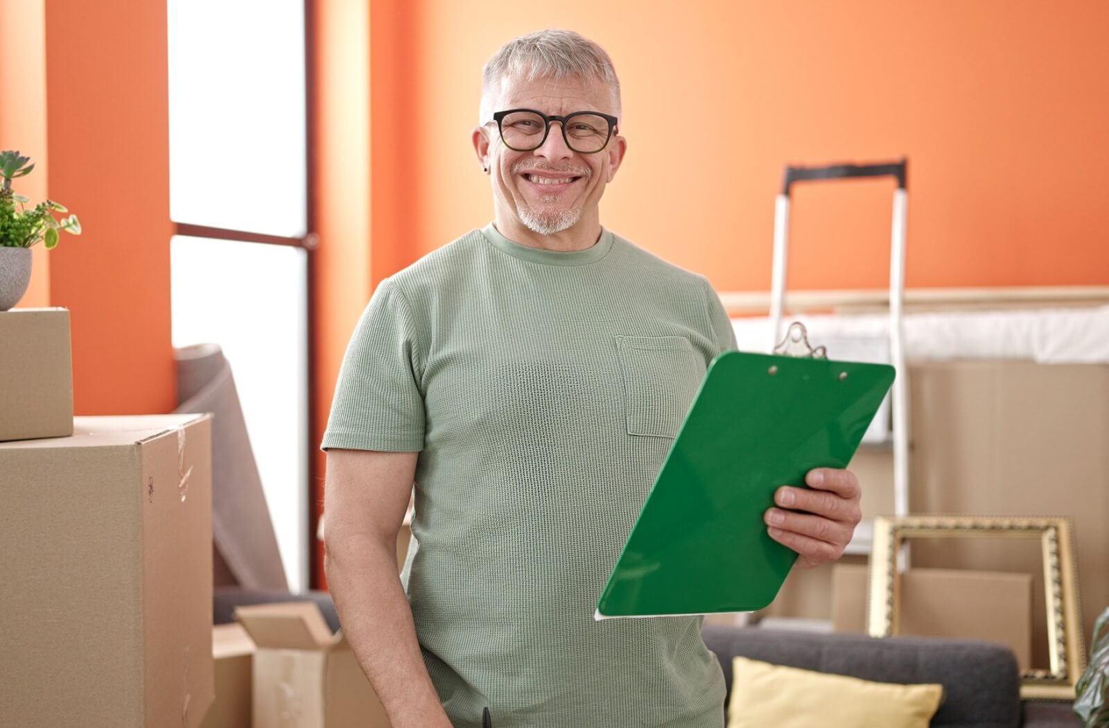 A smiling senior holds a green clipboard with a moving checklist to help during a move to assisted living